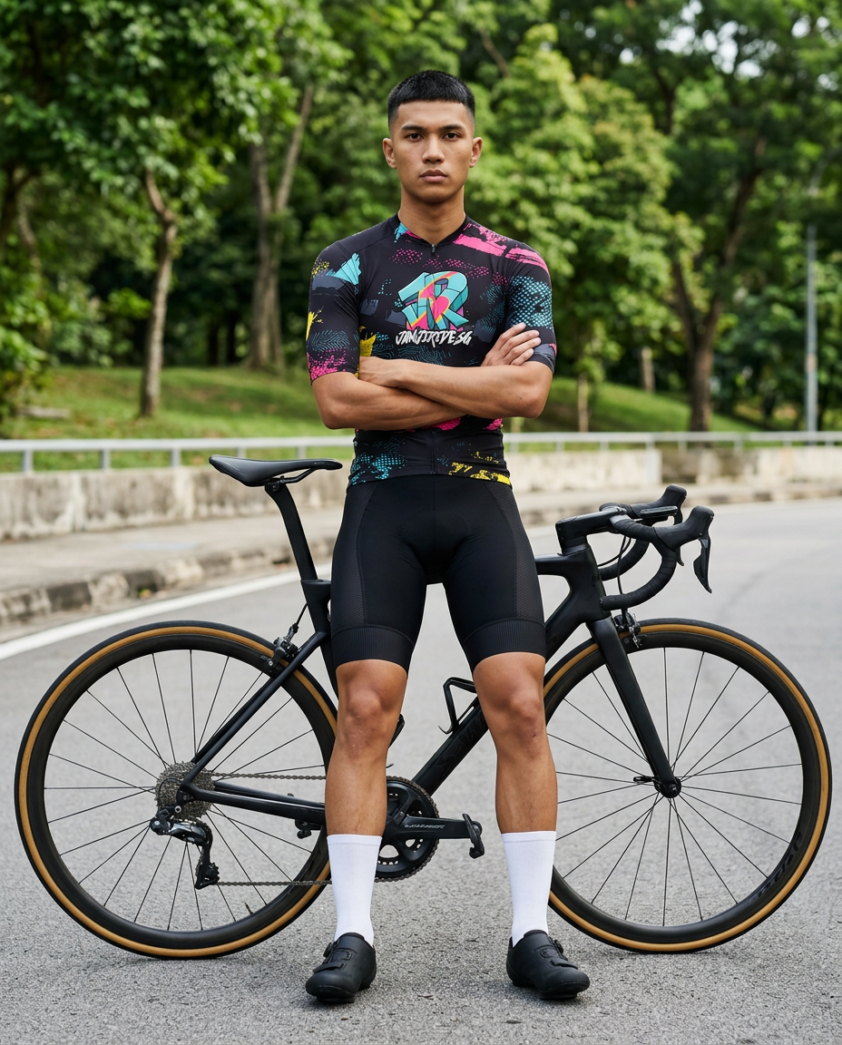 JanjiRide.SG Custom Jersey worn by a cyclist